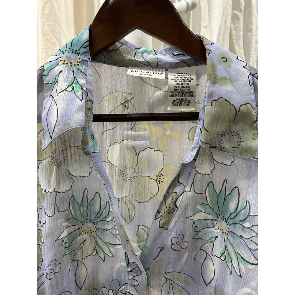 White Stag Womens 2X Sheer Button Down Top Blue Floral Lightweight Mature Travel - Picture 4 of 6